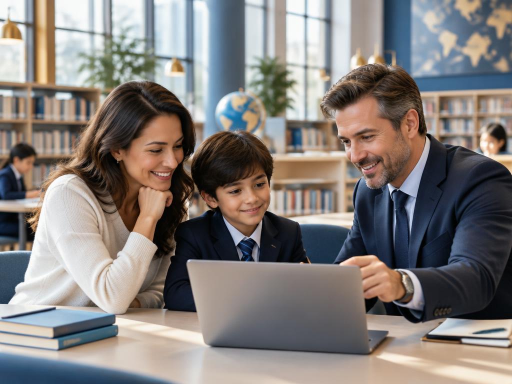 Une famille consulte les progrès scolaires